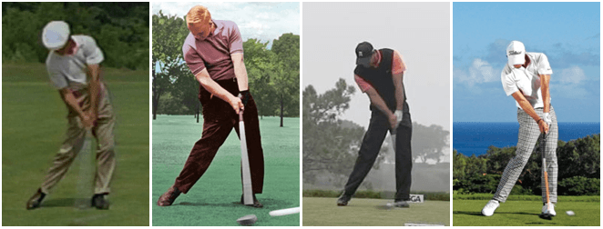 Golf swing impact positions of Ben Hogan, Jack Nicklaus, Tiger Woods, and Adam Scott