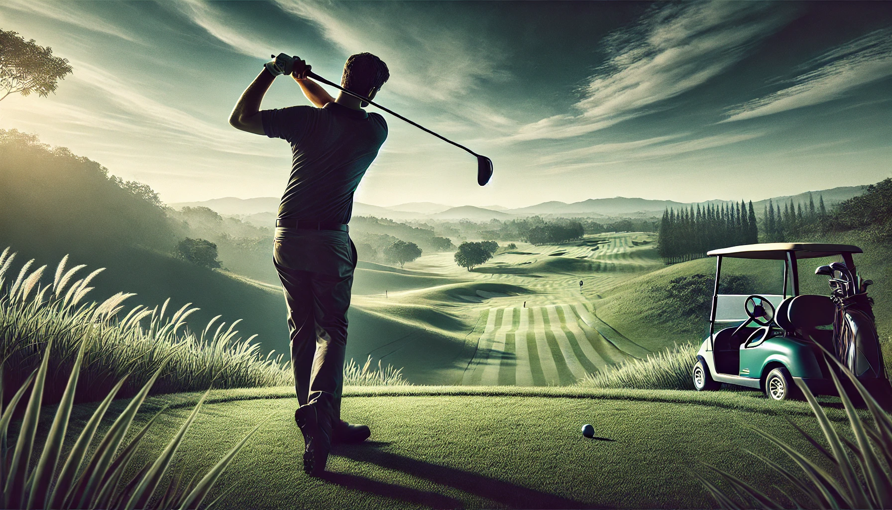 A golfer in mid-swing on a scenic golf course with rolling green hills, clear blue skies, and distant trees in the background.