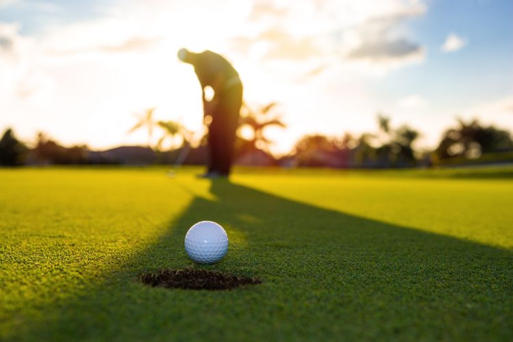 Golfer putting a ball into the hole